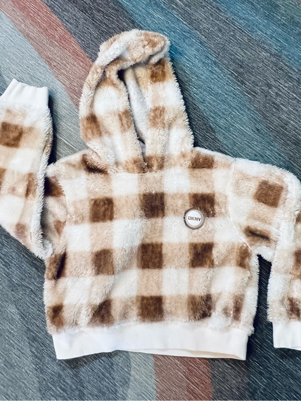 DKNY Kids Plush Hooded Pullover in Cream and Brown Check